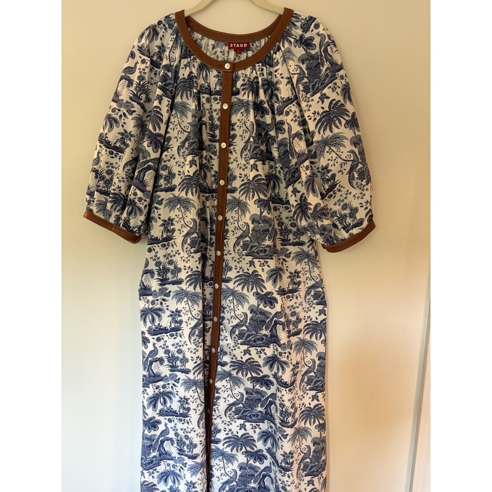 STAUD Blue White Toile Maxi Dress Large Relaxed Cotton Pockets Cottage Coastal L